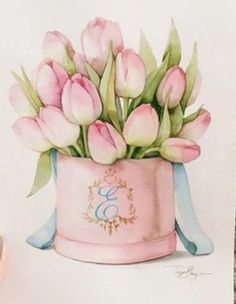 a painting of pink tulips in a pink hat with the letter e on it