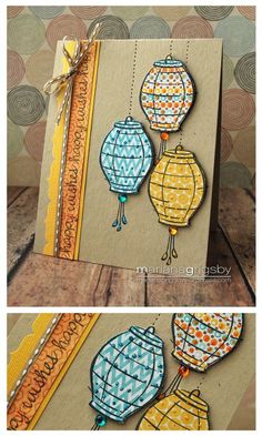 a handmade card with three hot air balloons on the front and bottom, tied to a string