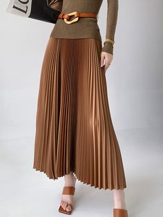 Fall Full Length Lined Skirt, Relaxed Fit Wide Leg Winter Skirt, Winter Solid Lined Skirt, Winter Solid Color Lined Skirt, Solid Winter Bottoms With Lined Skirt, High Waist Brown Maxi Skirt For Fall, Non-stretch Long Brown Skirt, Non-stretch Brown Long Skirt, Winter Long Non-stretch Pleated Skirt