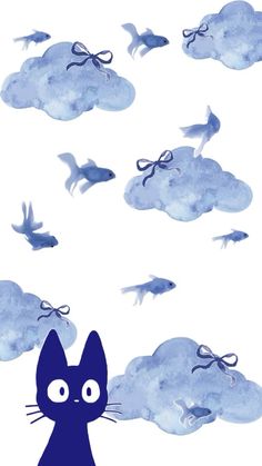 an image of a cat that is flying in the sky with birds and clouds behind it