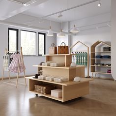 an empty store with wooden shelves filled with items