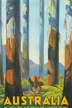 there is a poster showing people riding horses in the woods with trees on both sides