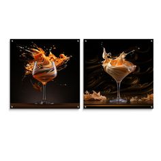 two pictures of wine glasses with orange and white liquid splashing out of the top