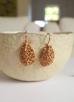 Gold lace tear earrings. Romantic lace dangle earrings. Tear lace earrings. Gold dainty designer dro Filigree Dangle Teardrop Earrings For Wedding, Filigree Teardrop Dangle Earrings For Wedding, Elegant Handmade Yellow Gold Teardrop Earrings, Delicate Gold Drop Bridal Earrings, Delicate Gold Bridal Drop Earrings, Elegant Filigree Teardrop Earrings For Gift, Elegant Handmade Gold Teardrop Earrings, Delicate Earrings With Intricate Design, Teardrop Bridal Earrings With Intricate Design