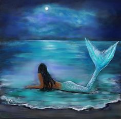 a painting of a mermaid swimming in the ocean