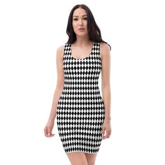 Our fun black and white harlequin print womens body con style dress. The fit is tight to the body and has 18% spandex for stretch. Designed and printed in the US with imported materials. Our clothing is printed to your specifications so there are no returns or exchanges. Please check the size chart in the photos carefully. • 82% polyester, 18% spandex• Fabric weight: 6.78 oz/yd² (230 g/m²), weight may vary by 5%• Made with smooth, comfortable microfiber yarn• Material has a four-way stretch Fitted Mini Dress With Geometric Pattern, Womens Body, Dress Tight, Diamond Dress, Preppy Dresses, Geometric Dress, Black Houndstooth, Dress Halloween Costume, Preppy Outfit