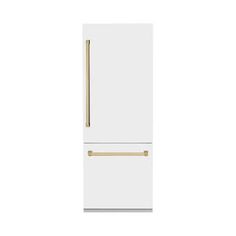 a white refrigerator freezer sitting next to a wooden stick on top of it's door