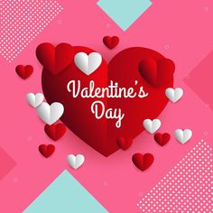 valentine's day card with paper hearts on pink and blue geometric background, 3d illustration