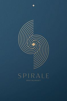 the spiral restaurant logo is shown in gold on a blue background with an airplane flying overhead