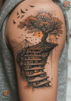 a woman's arm with an image of a tree and bookshelf on it