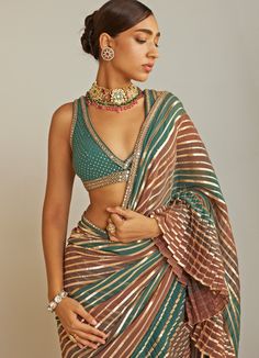 Pre Draped Mud Green and Gold Multicolour Saree Set Vvani By Vani Vats - Fabilicious Fashion Luxury Motifs Blouse For Festivals, Luxury Blouse For Festivals, Luxury Raw Silk Blouse For Festivals, Luxury Elegant Blouse For Festivals, Luxury Unstitched Blouse Piece With Traditional Patterns, Luxury Designer Festive Blouse, Sarees Blouses For Women, Luxury Traditional Blouse With Traditional Patterns, Luxury Designer Wear Blouse Piece For Diwali