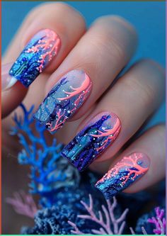 River Nails Designs, Coral Reef Nail Art, Coral Design Nails, Underwater Nail Art, Under Water Nails, Under The Sea Nail Designs, Bright Blue Nail Designs, Coral Reef Nails, Bright Nails Designs