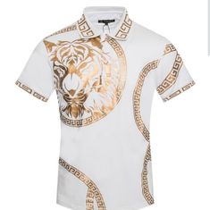 Cotton Elegant White Summer Polo Shirt, Designer Polo Collar Tops For Spring, Designer Fitted T-shirt For Spring, Designer White Collared Top, Designer Polo Collar Summer Tops, Designer Polo Collar Tops For Summer, Elegant White Shirt With Graphic Print, Casual Fitted Gold T-shirt, Mens Red Shorts