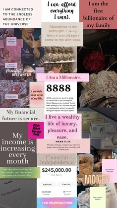 the collage shows different types of business cards and money in pink, green, blue, black and white