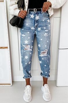 Womens Ripped Jeans, Moda Denim, Blue Denim Pants, Fall Jeans, Jean Pants, Patterned Jeans, Relaxed Jeans, Jeans Casual, Printed Jeans