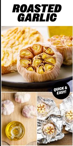 the cover of roasted garlic is shown with pictures of different types of food on it