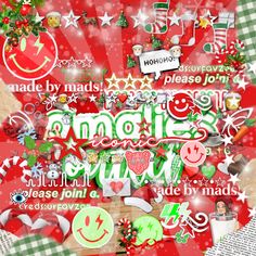 a red and green christmas themed wallpaper with lots of holiday related items on it