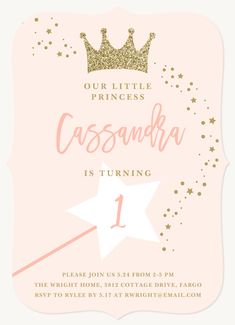 a pink princess birthday party card with gold glitter stars and a crown on the top