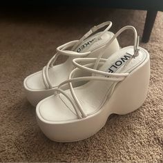 Size Women’s 9 Brand New Purchased For My Bachelorette But Just Realized They’re A Size Too Big Brand New In Box White Wedge Sandals With Sculpted Heel, White Wedge Heel Sandals With Sculpted Design, White Leather Wedge Sandals For Party, White Wedge Heel Sandals With Sculpted Heel, Naked Wolfe Shoes, Naked Wolfe, White Platform Sandals, White Platform, Platform Sandals