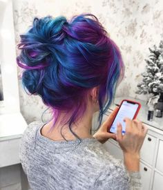 Blue And Purple Hair, Rainbow Hair, Hair Color Ideas, Hair Extension, Purple Hair, Blue And Purple, A Woman, Hair Color, Hairstyles