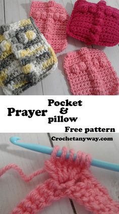 three crocheted pieces with text that says pocket prayer pillow and free pattern on the bottom