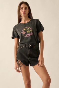 Rock & Roll Heart Vintage-Wash Graphic Tee | ShopPromesa Heart Text, Heart Vintage, Text Print, Rock Roll, Rock And Roll, Round Neckline, Graphic Tee, Graphic T Shirt, Graphic Tees