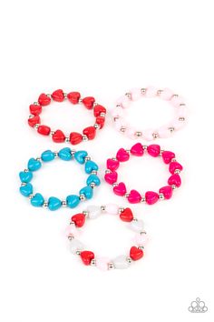 Bracelets in assorted colors. Featuring silver beads, the Valentine's Day inspired stretchy bracelet features heart-shaped beads in shades of Red.

Sold as one kid's stretch bracelet. Ideas Pulseras, Paparazzi Accessories Jewelry, Valentines Bracelets, Bracelet Kits, Paparazzi Accessories, Childrens Jewelry, Stretchy Bracelets, Valentines For Kids, Blue Heart