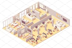 an office building with desks and chairs in the center - 3d renderle illustration