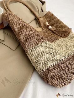 Bird in Bag - Medium-Sized Decorative Straw Tote Bag Beige Woven Handheld Bag, Beige Handheld Woven Bag, Beige Woven Pouch Bag, Eco-friendly Brown Rectangular Hobo Bag, Rectangular Brown Beach Bag With Removable Pouch, Brown Rectangular Beach Bag With Removable Pouch, Brown Crochet Tote Bag For Mobile Phone, Eco-friendly Brown Pouch Shoulder Bag, Straw Tote Bag