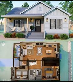 the floor plan for a two story house with an attached porch and covered front porch