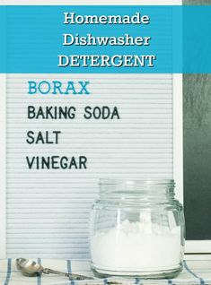 homemade dishwasher detergent borax baking soda salt vinegar and sugar in a glass jar