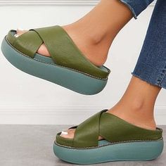 Platform Criss Cross Slides Slip on Arch Support Sandals Green Slip-on Casual Wedge Sandals, Casual Green Slip-on Wedge Sandals, Casual Green Open Toe Wedge Sandals, Casual Green Platform Sandals, Summer Mules, Arch Support Sandals, Supportive Sandals, Open Toe Slippers, Chunky Block Heels