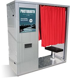 a portable photo booth with red curtains and a black stool in front of it on a white background