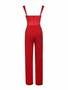 Meet our new favorite jumpsuit! Onika is cut from a blend of stretch crepe and satin and fully lined. This design features a form-fitting straight leg jumpsuit with a deep V wire at the cups for support, pockets, and a concealed zipper at the center back. Onika is perfect for any formal or semi-formal event! Style with your favorite pair of heels and a high pony and get ready to hit the town - find it in ruby red or classic black. Materials: Stretch Crepe / Double Duchess Light Weave Satin Lengt Elegant V-neck Elastane Jumpsuits And Rompers, Elastane Jumpsuits And Rompers, Fitted Sleeveless Satin Jumpsuits And Rompers, Fitted Elastane Pantsuit For Party, Fitted Satin Strapless Jumpsuit For Night Out, Elegant Strapless Elastane Jumpsuit For Party, Elegant Formal Jumpsuits And Rompers, Elegant Fitted Satin Strapless Jumpsuit, Solid Satin Jumpsuits And Rompers For Night Out