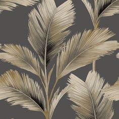 a gray and gold wallpaper with palm leaves