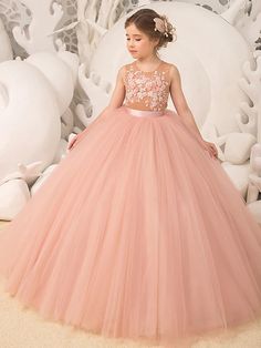 Princess Court Train Flower Girl Dresses Wedding Tulle Sleeveless Jewel Neck with Pleats Wedding Tulle, Cheap Flower Girl Dresses, Girls Dresses Online, Birthday Girl Dress, Kids Gown, Girls Formal Dresses, Princess Ball Gowns, Cute Prom Dresses