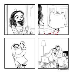 the comic strip shows two people in bed and one is holding a baby