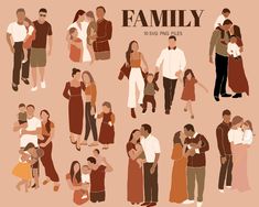 a group of people standing next to each other in front of a brown background with the words family on it