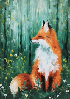 a painting of a fox sitting in the grass