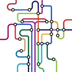 a colorful subway map with lines and dots in the form of an abstract design on white background