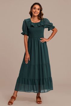 Green Square Neck Smocked Tiered Chiffon Maxi Dress Dark Green Elegant Ruffle Dress, Elegant Dark Green Ruffled Dress, Elegant Dark Green Dress With Ruffles, Elegant Flowy Maxi Dress With Elastic Neckline, Green Ruched Midi Dress With Square Neck, Elegant Formal Midi Dress With Smocked Bodice, Flowy Green Ruched Midi Dress, Elegant Flowy Smocked Dress Knee-length, Green Square Neck Chiffon Dress