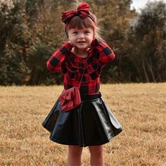 Girls Plaid Long Sleeve Top & PU Skirt & Headband Toddler Girls Wholesale - PrettyKid Headband Fabric, Lace Denim Shorts, Pu Skirt, Pu Leather Skirt, Ruffle Long Sleeve, Denim And Lace, Matching Headband, Girls Clothing Sets, Faux Leather Skirt