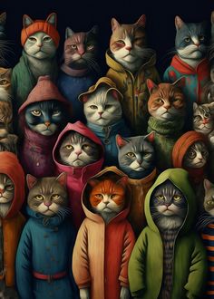 a painting of many cats wearing coats and hoodies, all looking different directions from one another