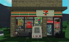 an animated image of a convenience store with ice cream and soda machines in front of it