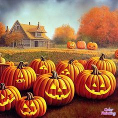 a painting of pumpkins in front of a house