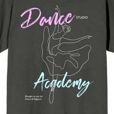 Ballet and dance fans can show off their favorite sport with this unisex adult t-shirt featuring a ballet dancer alongside the words “Dance Studio Academy Brought To You By Grace & Elegance.” With short sleeves and a crew neck, this black t-shirt offers comfort and style that’s perfect for all-day, any-day wear. And since it's crafted from high-quality 100% cotton, this tee ensures a soft and comfortable feel. When it's time for cleaning, simply machine wash it cold and tumble dry low for effort Stretch Graphic Print Tops For Dance Class, Stretch Tops With Graphic Print For Dance Class, Graphic Tee With Short Sleeves For Dance Class, Casual Stretch T-shirt For Dance Class, Fitted Letter Print T-shirt For Dance Class, Graphic Tee For Dance Class With Short Sleeves, Stretch Crew Neck T-shirt For Dance, Hip Hop Letter Print T-shirt For Dance Class, Hip Hop T-shirt With Letter Print For Dance Class