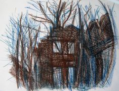 this is a drawing of some trees in the woods with blue and brown crayons