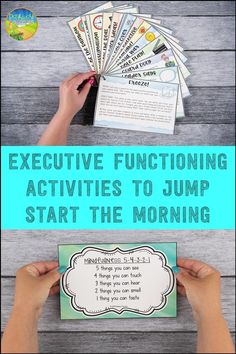 a person holding up some cards with the text executive functioning activities to jump start the morning