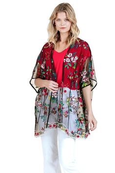 This just might be the only kimono you will ever want! It will take you from Brunch to Date Night. This kimono features an open front, sheer mesh fabric, short sleeves, beautiful embroidery and an oversized fit. It is perfect for layering. Model is 5'8" and is wearing a size small/medium Plus size Model is 5'9" and is wearing an XL/1XL. cotton/poly/rayon blend hand wash or dry clean V Violet, Mesh Kimono, Frayed Denim Jacket, Black Windbreaker, Kimono Jacket, Beautiful Embroidery, Style Profile, Kimonos, Mesh Fabric