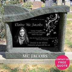 a memorial stone with an image of a woman in black and white on the front